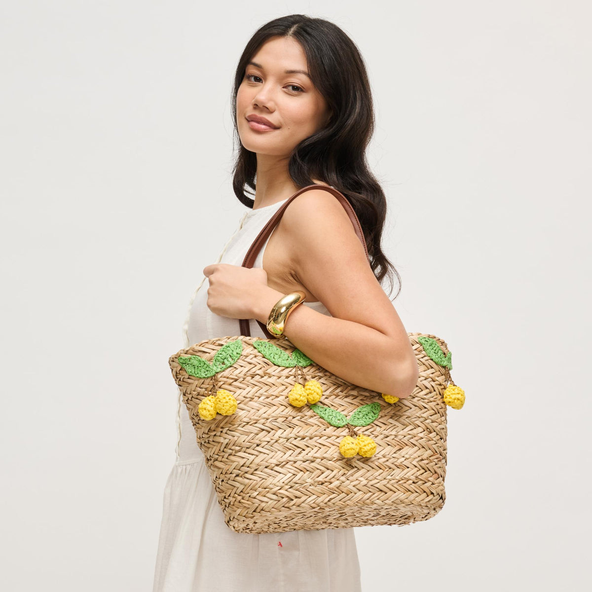 Woman wearing Natural Lemon Urban Expressions Josie Tote 840504204609 View 4 | Natural Lemon
