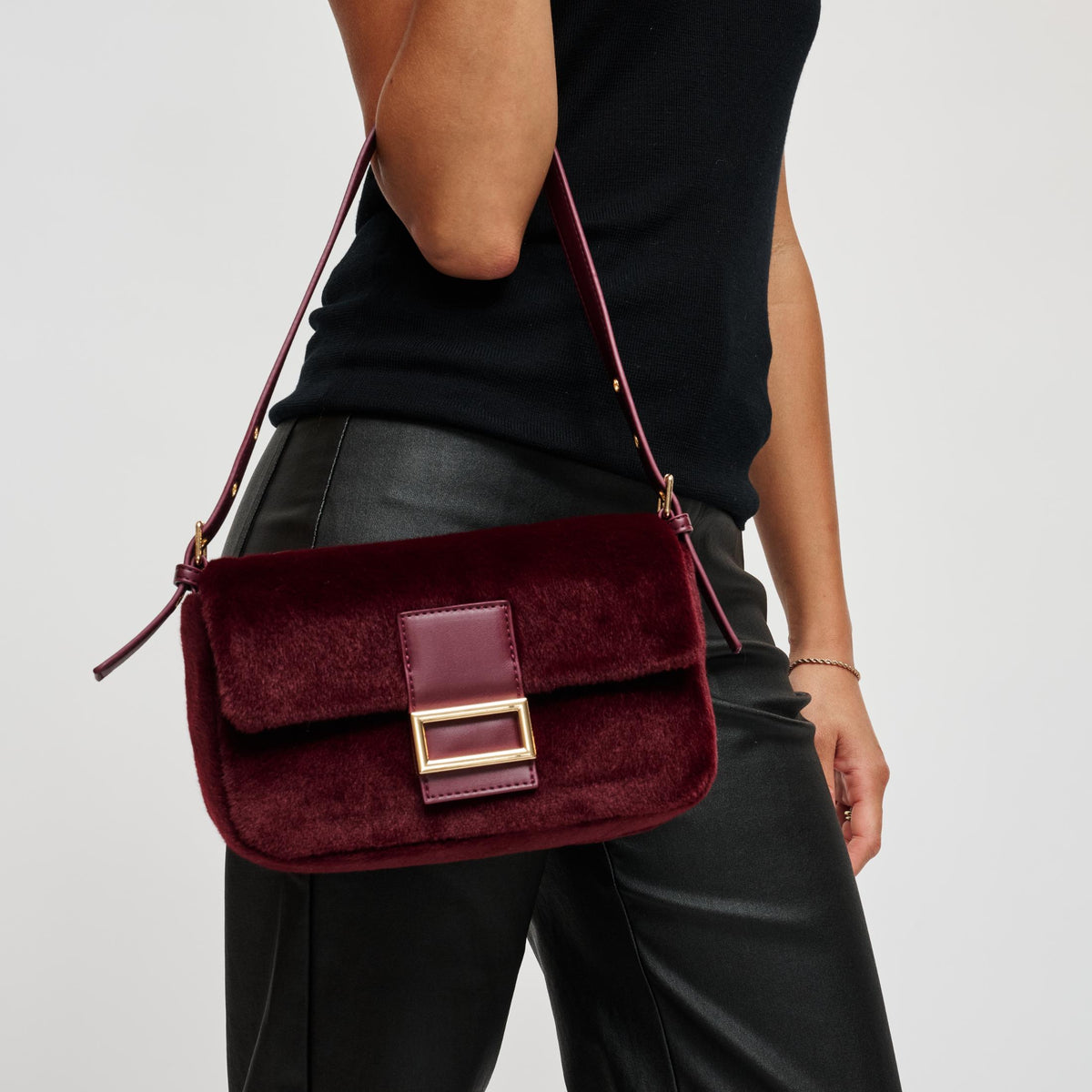 Woman wearing Burgundy Urban Expressions Beverly - Faux Fur Crossbody 840504212482 View 3 | Burgundy