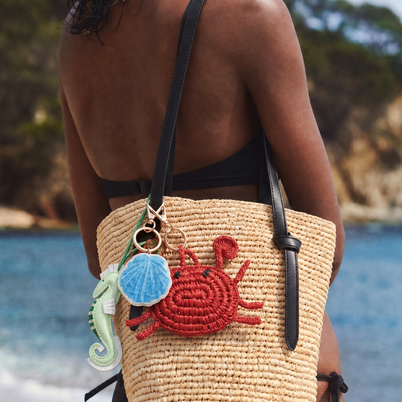 Person holding a straw bag with crab and seashell decorations by a body of water.