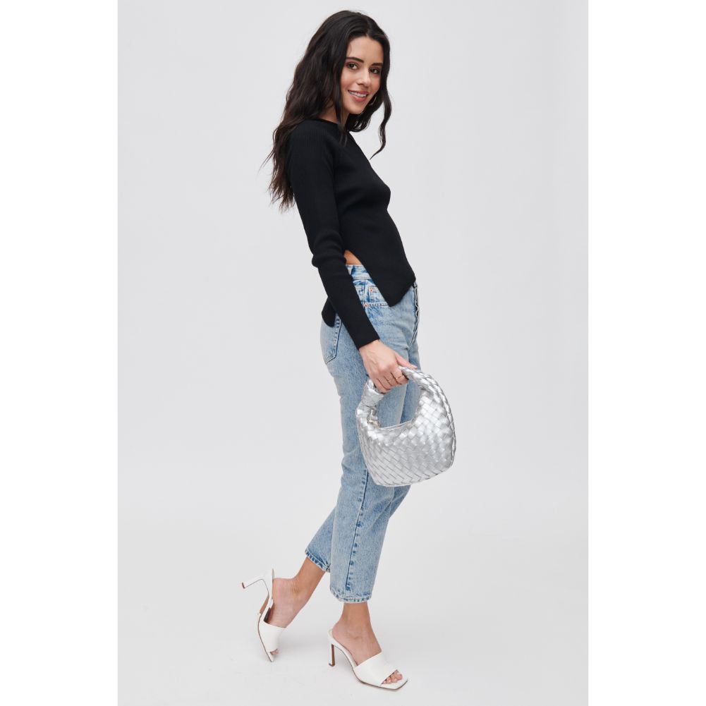 Woman wearing Silver Urban Expressions Tracy - Woven Clutch 840611107848 View 4 | Silver