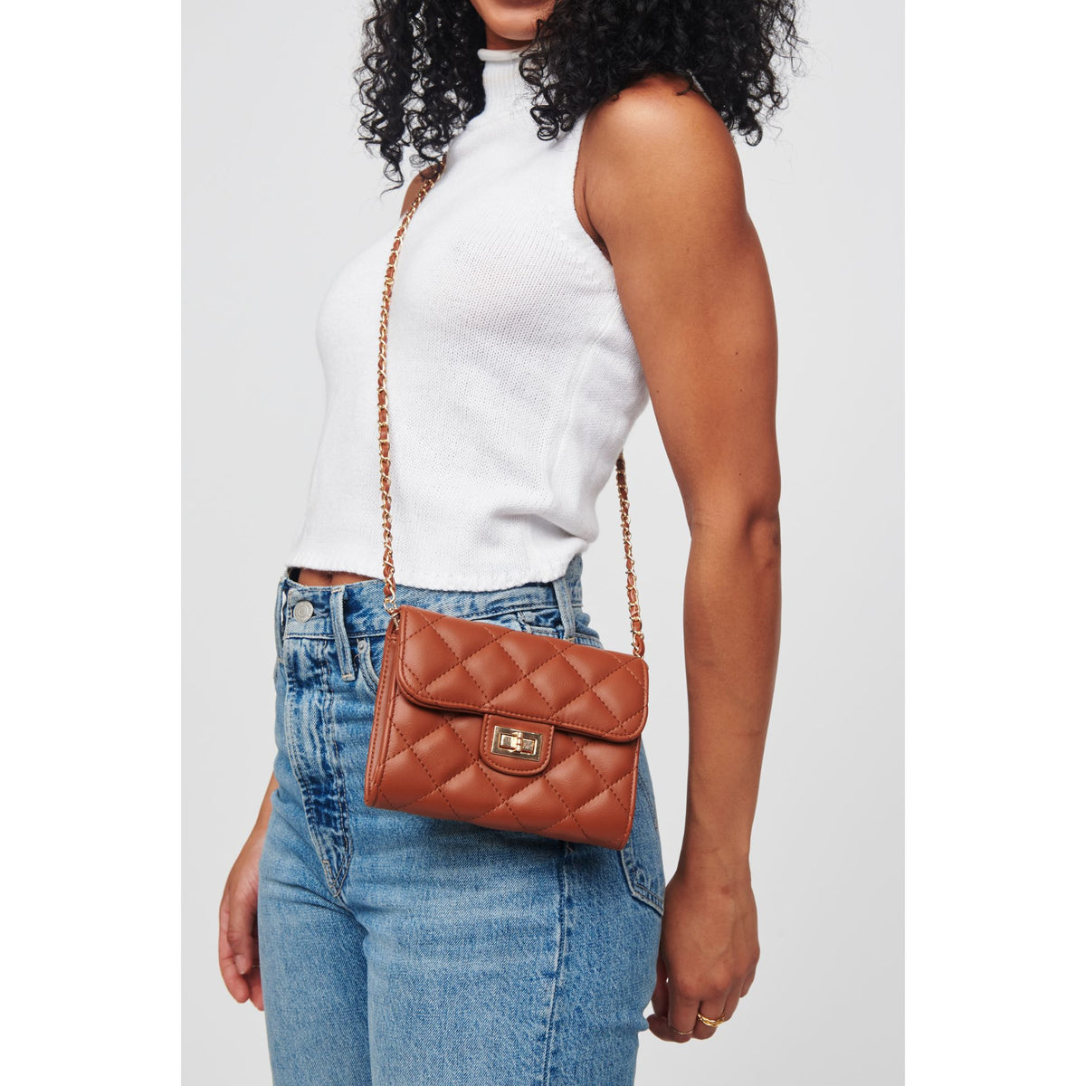 Woman wearing Cognac Urban Expressions Wendy - Quilted Crossbody 818209012126 View 1 | Cognac