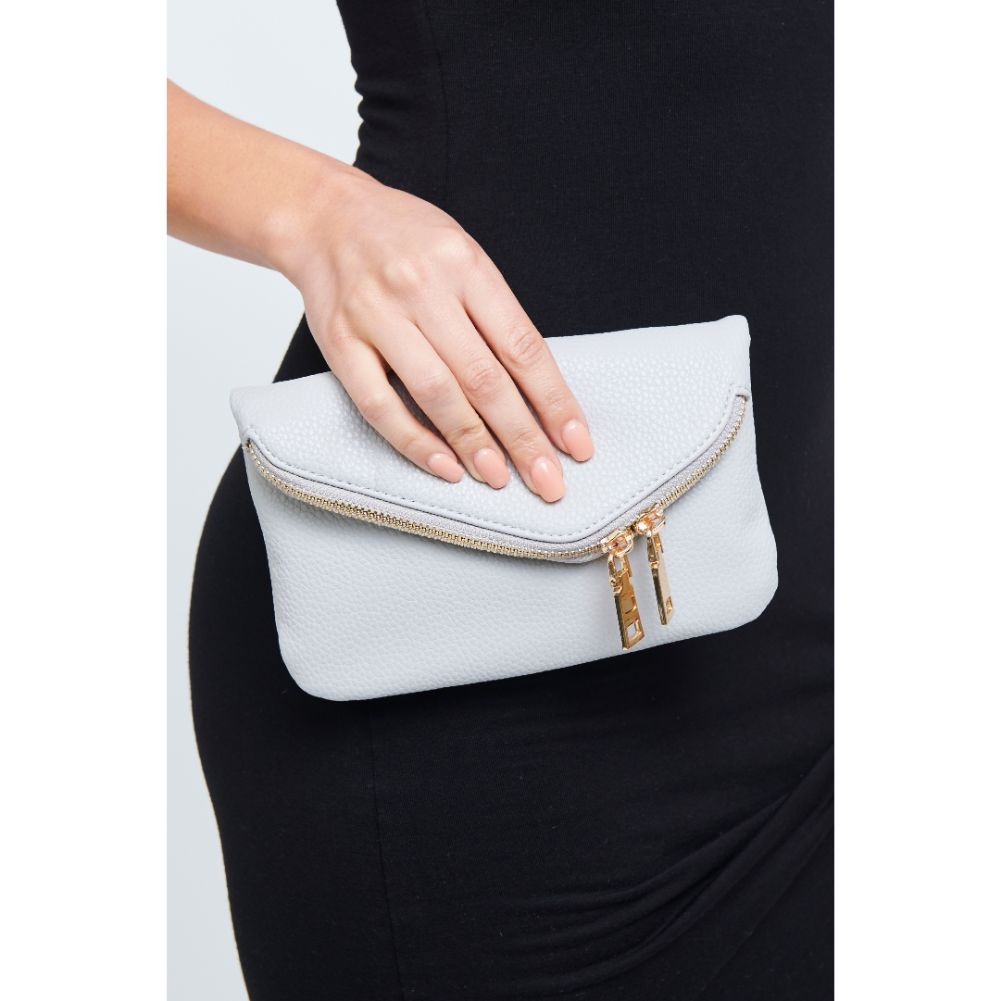 Woman wearing Dove Grey Urban Expressions Lucy Wristlet 840611110183 View 2 | Dove Grey