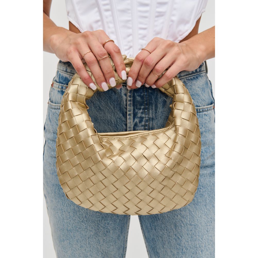 Woman wearing Gold Urban Expressions Tracy - Woven Clutch 840611109682 View 4 | Gold