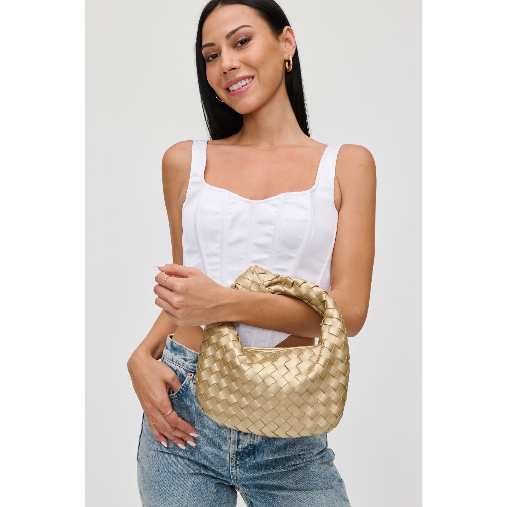 Woman wearing Gold Urban Expressions Tracy - Woven Clutch 840611109682 View 1 | Gold